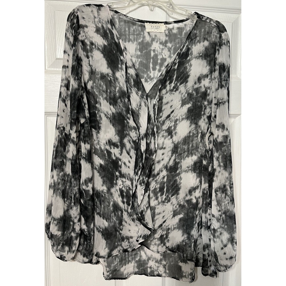 Perch Blu Pepper Top Women's 1X Long‎ Sleeve Sheer Ruffle Front V Neck